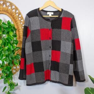 Vtg Wool Blend Holiday Geometric Plaid Cardigan Shoulder Pads 1X | True Winter